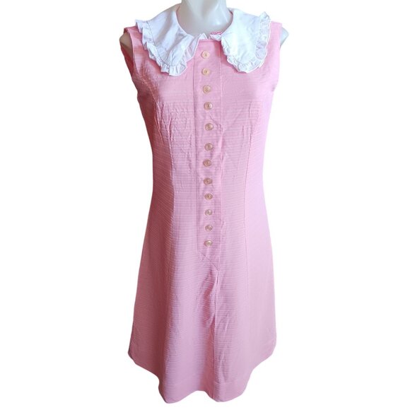 sz 8 Vintage 60's Pink Sleeveless Mod Dress Ruffled Collar Carol Brent Ribbed - Picture 1 of 7